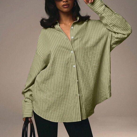 Green Casual Womens Long Sleeve Striped Front Button Blouse - Picture 4 of 5